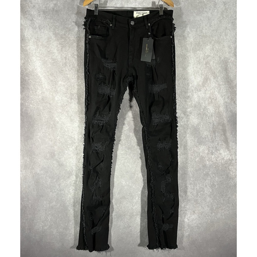 FWRD Denim Fit 2 Stacked Jeans Mens 34x36 Jet Black Distressed Frayed FW-330104B